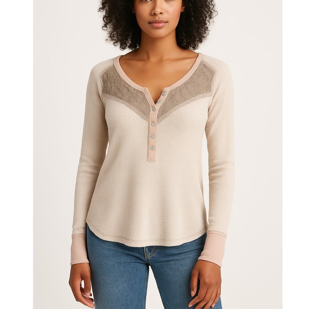 Free People Cream Waffle Knit Lace Yoke Henley Top Women's Small Boho